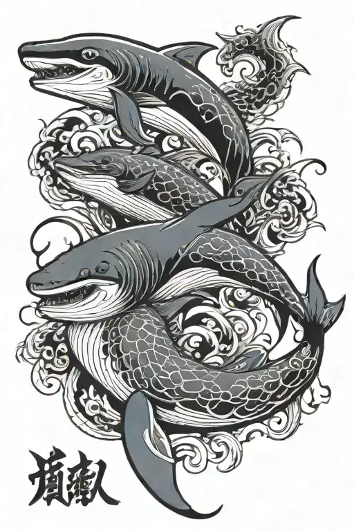 traditional Japanese style tattoo featuring a whale a shark an octopus and a multi sailed ship  tattoo design idea