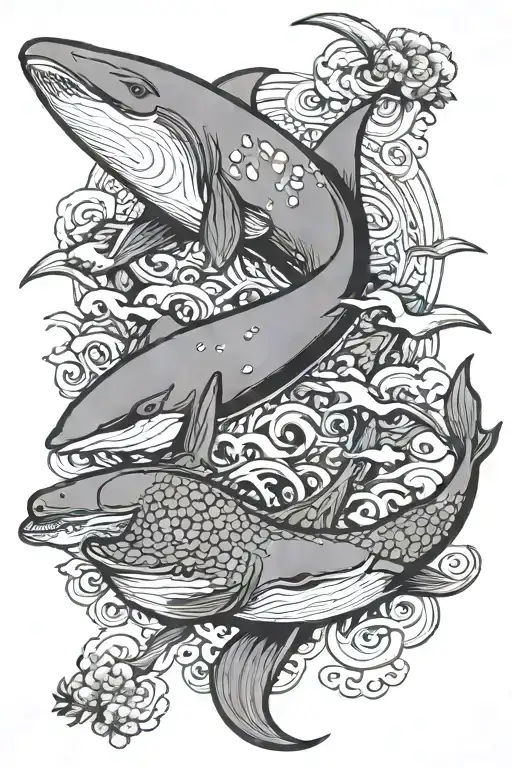 traditional Japanese style tattoo featuring a whale a shark an octopus and a multi sailed ship  tattoo design idea