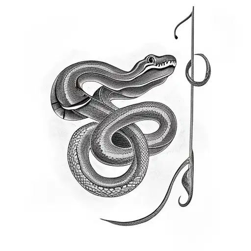 A black-grey tattoo of a snake wrapped around a musical note, symbolizing the client's passion for music tattoo design idea