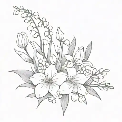 bouquet of flowers with 1 lily of the valley, 1 honeysuckle, 1 gladiolus, 1 cosmos and 1 n tattoo design idea
