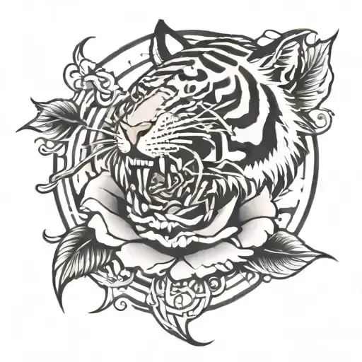 Clock rose tiger tattoo design idea