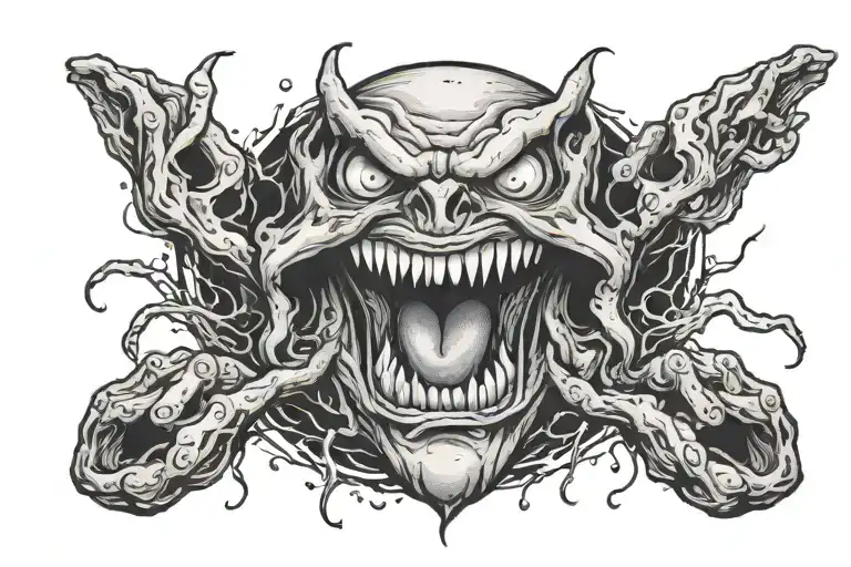 screaming evil face, surrounded by darkness, 2 grabbing hands toworth camera tattoo design idea