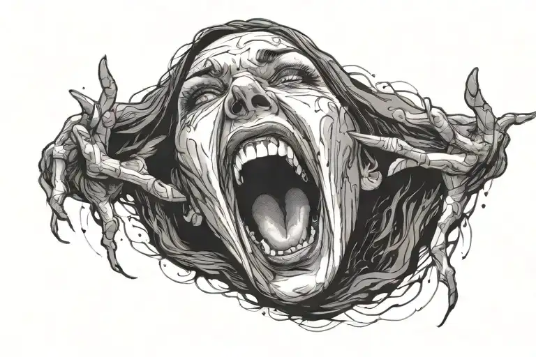 screaming evil woman face, surrounded by darkness, 2 grabbing hands toworth camera tattoo design idea