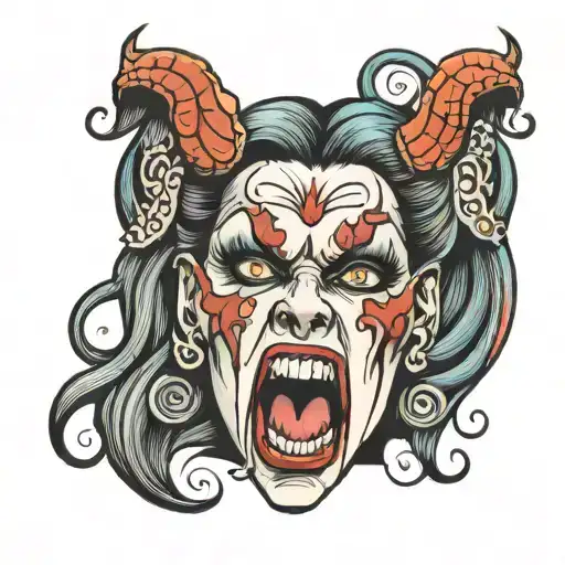 evil woman face screaming  tattoo design idea
