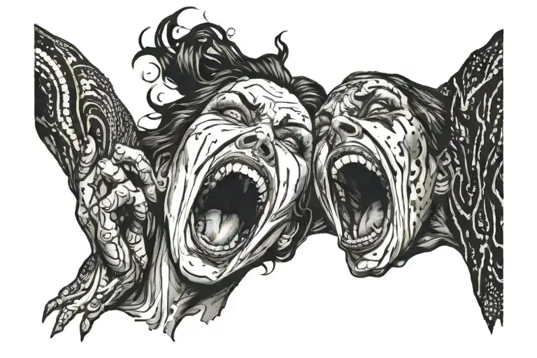 screaming evil woman face, surrounded by darkness, 2 grabbing hands toworth camera tattoo design idea