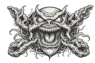 screaming evil face, surrounded by darkness, 2 grabbing hands toworth camera tattoo design idea