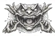 screaming evil face, surrounded by darkness, 2 grabbing hands toworth camera tattoo design idea