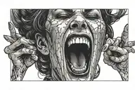 screaming evil woman face, surrounded by darkness, 2 grabbing hands toworth camera tattoo design idea