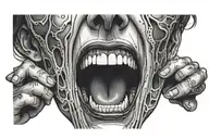 screaming evil woman face, surrounded by darkness, 2 grabbing hands toworth camera tattoo design idea