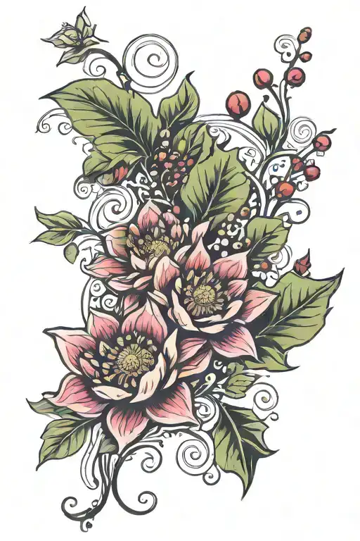 vine with water lily flower, poppy flower, and holly berry  tattoo design idea