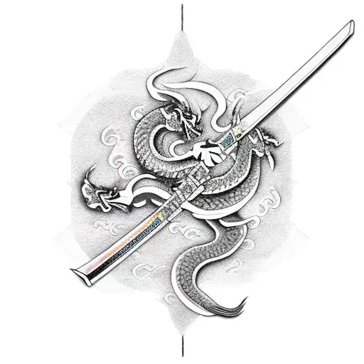 straight katana down the middle with Japanese dragon wrapped around  tattoo design idea