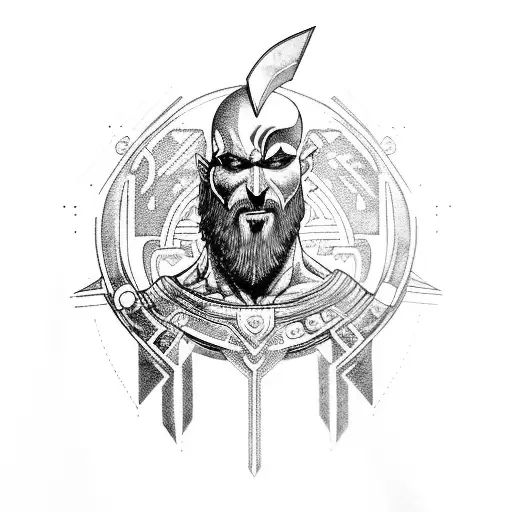 A futuristic cyberpunk version of Kratos wielding the Blade of Chaos and the Ax tattoo design idea