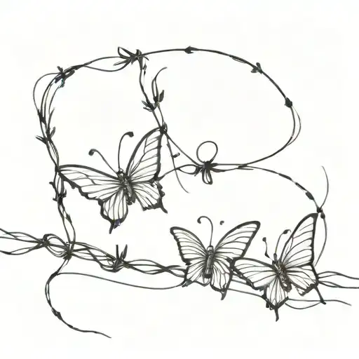 A barbed wire wrapped around with three butterflies sitting on the wire tattoo design idea