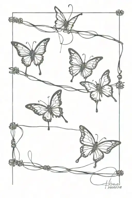 Straight barbed wire wrapped with 3 butterflies sitting on the wire tattoo design idea