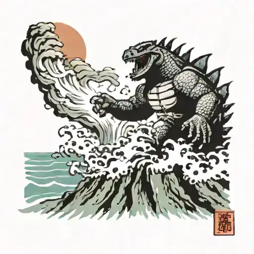 Godzilla fighting Gypsy danger by a cliff overlooking the ocean tattoo design idea