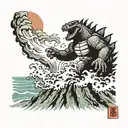 Godzilla fighting Gypsy danger by a cliff overlooking the ocean tattoo design idea