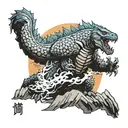 Godzilla fighting Gypsy danger by a cliff overlooking the ocean tattoo design idea