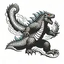 Godzilla fighting Gypsy danger by a cliff overlooking the ocean tattoo design idea