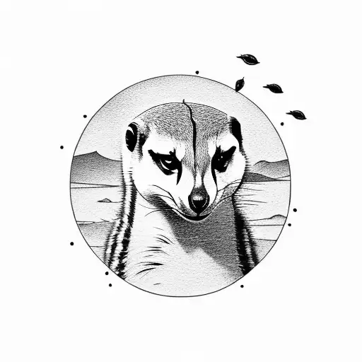 A serene landscape of rolling hills, with a meerkat perched on a rock playing a musical instrument tattoo design idea