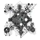 An abstract representation of the connection between hard techno music and data engineering, with a nod to Berlin's industrial aesthetic tattoo design idea