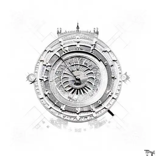 Design a tattoo that features the Prague Astronomical Clock, Fisherman's Bastion, Notre-Dame Cathedral, Tower Bridge, and Rijksmuseum in a dotwork style tattoo design idea