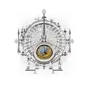 Design a tattoo that features the Prague Astronomical Clock, Fisherman's Bastion, Notre-Dame Cathedral, Tower Bridge, and Rijksmuseum in a dotwork style tattoo design idea