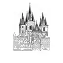 Design a tattoo that features the Prague Astronomical Clock, Fisherman's Bastion, Notre-Dame Cathedral, Tower Bridge, and Rijksmuseum in a dotwork style tattoo design idea