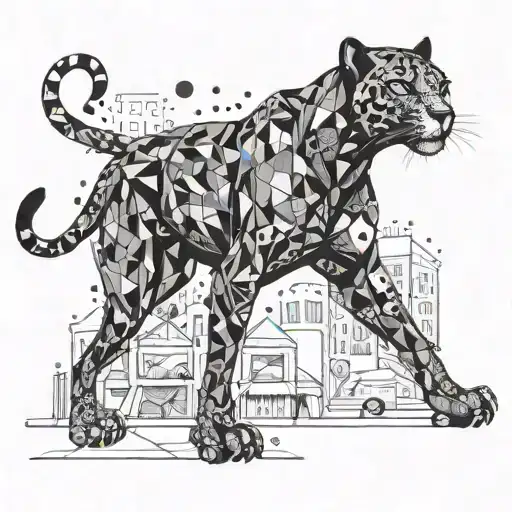 A panther stalking through a fashion runway filled with shopping items tattoo design idea