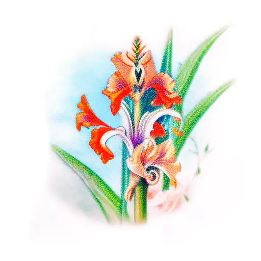Roman, The Master Sword pointed down, red/orange bloom gladiolus sprouting up behind it. Ancient text etched blade tattoo design idea