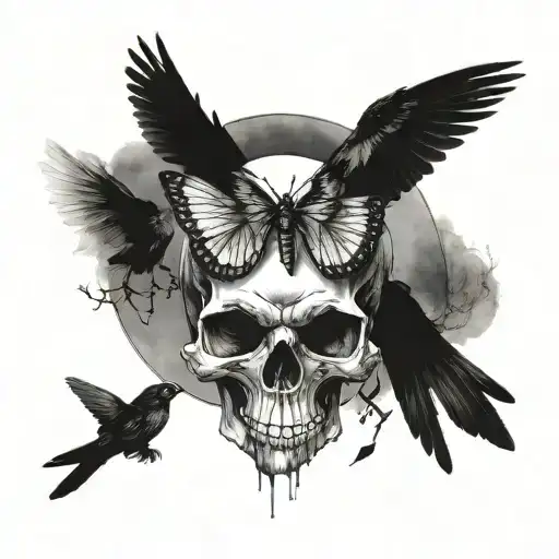 skull butterfly crow and moon merging together for a photographr tattoo design idea