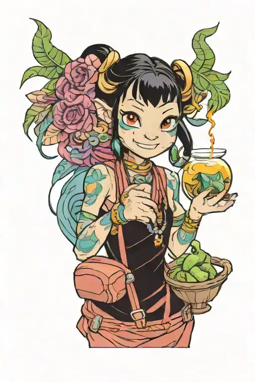 MoMo from avatar holding a poison vial filled with vibrant tattoo design idea