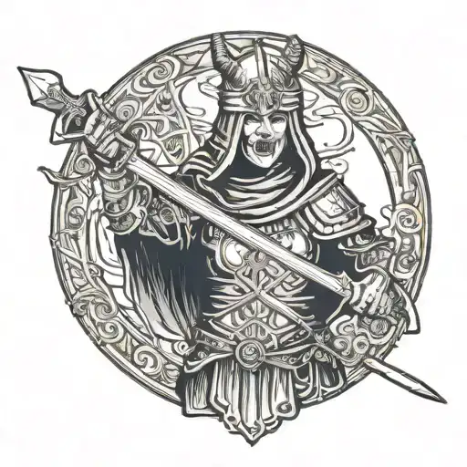 satanic nun in battle worn Viking armor hold sword from the hilt pointing down. tattoo design idea