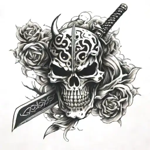 Broken katana in the devil's skull tattoo design idea