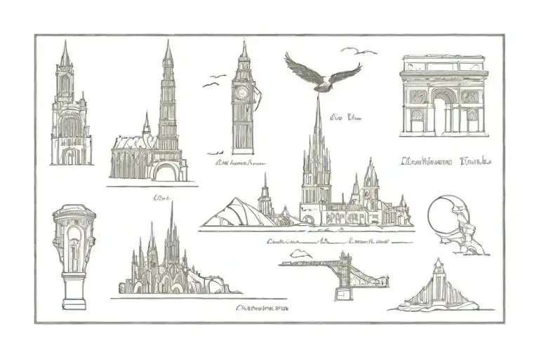 iconic landmarks from London, Paris, Scotland, Prague tattoo design idea