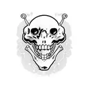  stylized, whimsical skeleton, featuring a broad yet bittersweet grin, dressed in a lab coat. tattoo design idea