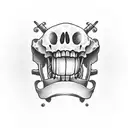  stylized, whimsical skeleton, featuring a broad yet bittersweet grin, dressed in a lab coat. tattoo design idea