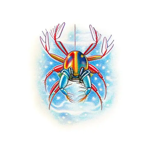 A crayfish in color and cancer starsign with nordic lights behind tattoo design idea