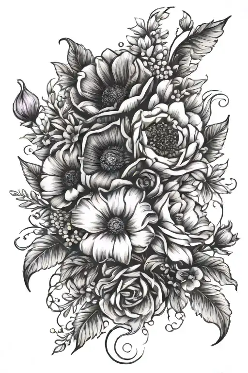 flower bouquet tattoo with violet, daisy, poppy flowers tattoo design idea