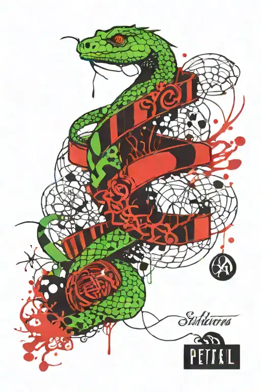 green snake "Slytherin", "closed society", blue stairs to heaven and red stairs to hell, all-seeing eye tattoo design idea