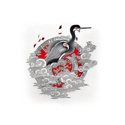 full sleeve tattoo with a crane and splashes of red  tattoo design idea