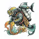 scuba diving , sea animals tattoo design idea