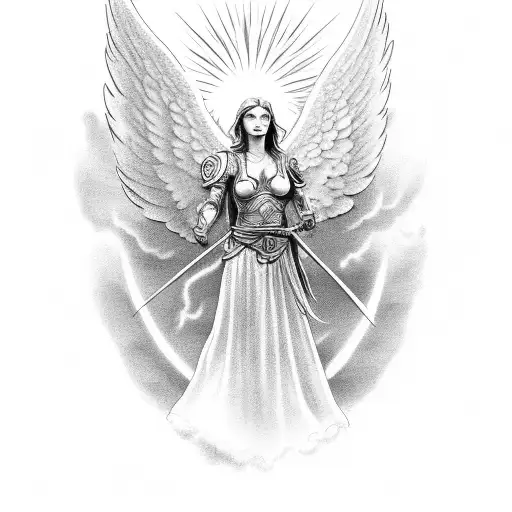 warrior angel  with sun and clouds  tattoo design idea