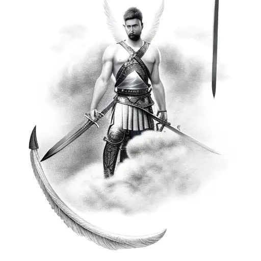 warrior angel man with short hair, holding sword in front of clouds and sunlight  tattoo design idea