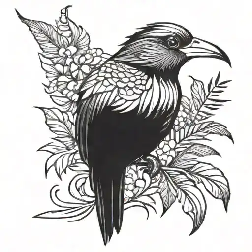 A stylized torogoz bird surrounded by tropical foliage tattoo design idea