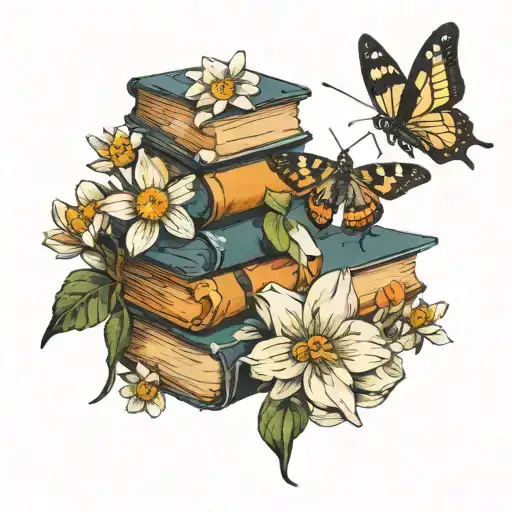 narcissus flower daisy flower butterfly mosquito book stack tattoo design idea