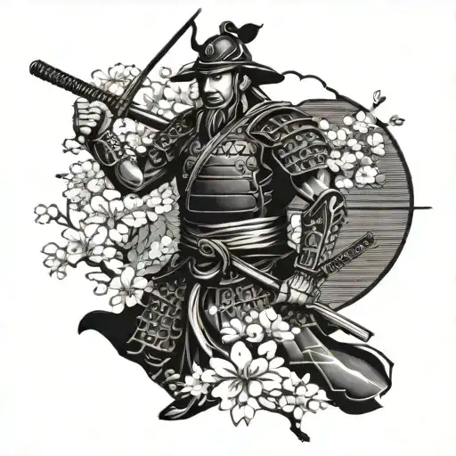 A blackwork tattoo of a fierce samurai warrior standing proudly in front of a cherry blossom tree, symbolizing honor and courage tattoo design idea