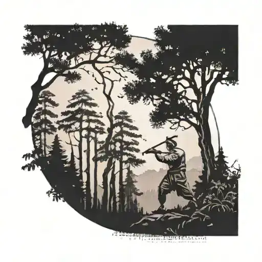 A dotwork tattoo of a serene forest scene with a karate master practicing martial arts among the trees tattoo design idea