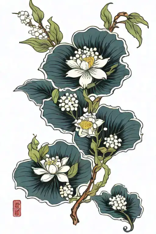 Japanese waves lotus flower lily of the valley hawthorn flower tattoo design idea