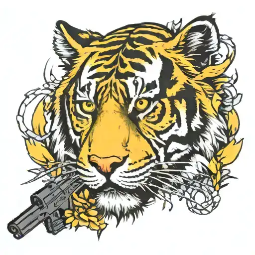 tiger , gun , Delaware , yellow police tape morphing tattoo design idea