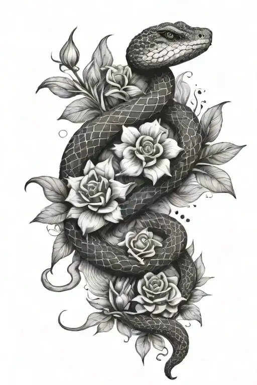 snake, fire, flowers, roulette  tattoo design idea